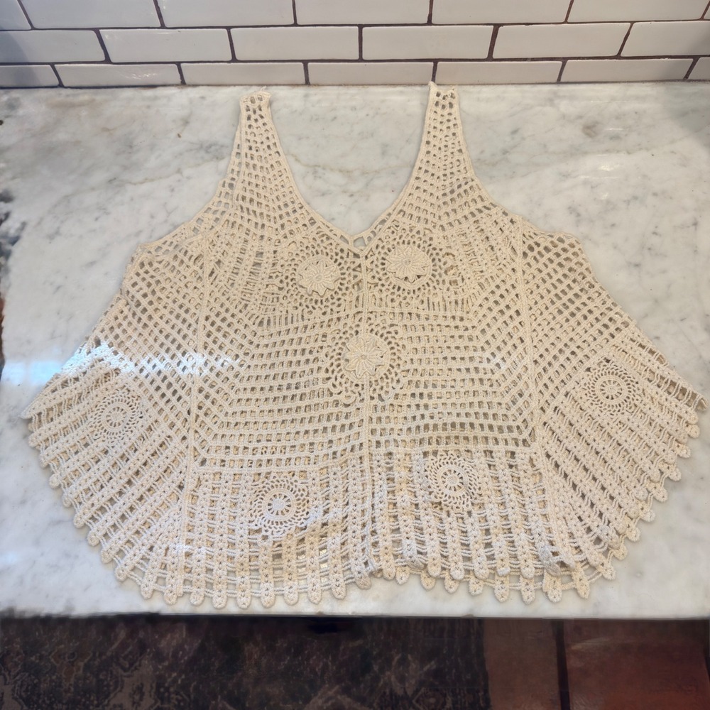 Crochet Tank Top Bohemian Festival Sleeveless Shirt Handmade Knit Cream One Size